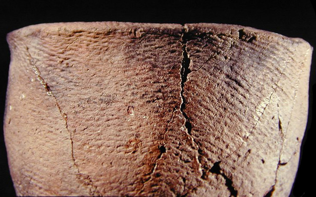 Close-up  of a Keyser cord-marked vessel from the Keyser Farm site, 44PA1 - SI Cat.# 382986-Courtesy of the Smithsonian Institution, Museum of Natural History, Department of Anthropology.